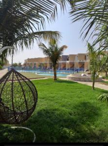 a view of a park with palm trees and a pool at Happiness Chalet 512 in Jeddah