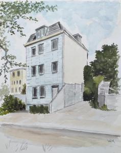 uma pintura de uma casa branca em B&B Holset70 em Lemiers