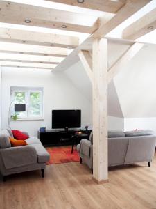 a living room with two couches and a tv at Green Buda Valley: Holiday home with garden in Budapest