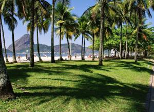 里約熱內盧的住宿－Hotel Regina Rio de Janeiro，棕榈树公园和海滩上的人