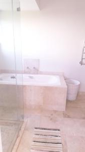 a bathroom with a shower and a tub and a sink at 91 Da Gama Beach House in Cape St Francis
