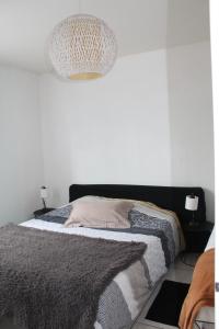 a bedroom with a bed and a chandelier at Figalrance Studio in Plouër-sur-Rance
