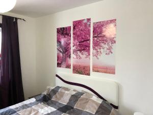 a bedroom with four paintings on the wall at Apartment Bjelasnica in Bjelašnica