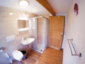 a bathroom with a sink and a shower and a toilet at Haus Bergblick in Prägraten