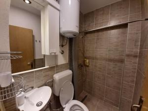 La salle de bains est pourvue de toilettes, d'un lavabo et d'un miroir. dans l'établissement Guesthouse Hill, à Sarajevo