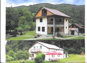 two pictures of a house and a house with a red umbrella at Pensiunea Bobu in Izvoru Muntelui