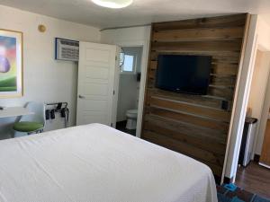 a bedroom with a bed and a tv on a wooden wall at The Sands Motel in Boulder City