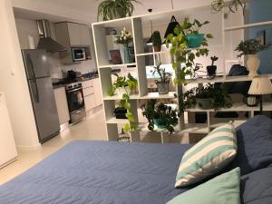 una stanza con un letto e tante piante in vaso di Apartamento Costa del Sol a Mar del Plata