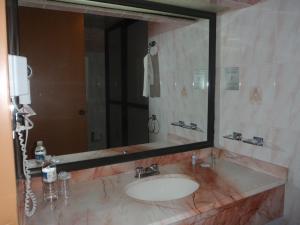 a bathroom with a sink and a large mirror at Hotel Plaza Las Fuentes in Puebla