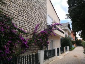un bâtiment avec des fleurs violettes sur son côté dans l'établissement Apartments Brlečić, à Pirovac