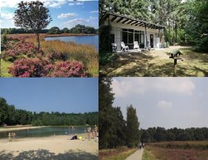 a collage of four pictures of a beach and a house at Huisje venzicht 7 in Spier