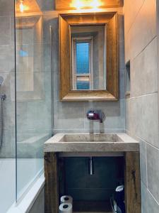 uma casa de banho com um lavatório, um espelho e um chuveiro em Bridge View Apt - stunning River Tay views em Fife