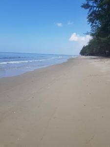 an empty beach with trees and the ocean at Amy's beach apartments in Rayong