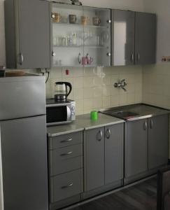 La cuisine est équipée d'un réfrigérateur blanc et d'un évier. dans l'établissement Apartment Riva, à Tivat