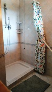 een douche met een douchegordijn in de badkamer bij Appartamento Ciesazza in Ponso