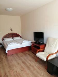 a hotel room with a bed and a tv and a chair at Apartment Lake Tryavna in Tryavna
