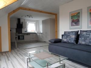 uma sala de estar com um sofá azul e uma cozinha em Hohenlohe -Residenz-Svetlana em Langenburg