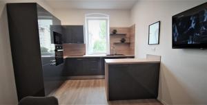 a kitchen with black cabinets and a window at Jacob´s Apartement in Pilsen