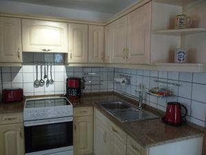 弗賴貝格的住宿－Fewo 1，厨房配有白色橱柜、炉灶和水槽。