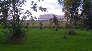 a field with trees and a large building in the background at Ferienwohnung Familie Kluge in Jemgum