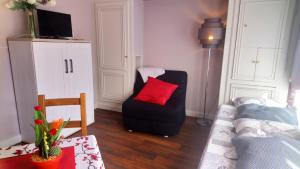 uma sala de estar com uma cadeira preta e uma almofada vermelha em Résidence Albigny Studio Vue Sur Lac Centre-ville d'Annecy em Annecy