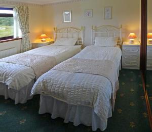 a bedroom with two beds and two lamps and a window at The Sheiling in Laide