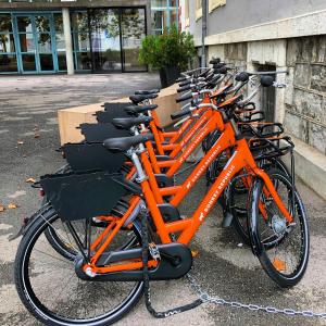a row of orange bikes parked next to a building at Geneva Hostel in Geneva