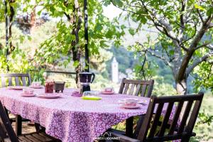 uma mesa com uma toalha de mesa rosa em cima em Le Petit Paradis em Prémian