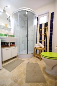 a bathroom with a shower and a toilet and a sink at June Studio in Braşov