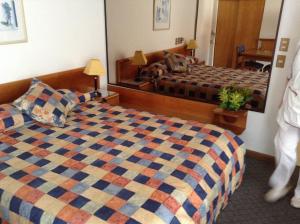 a hotel room with a bed and a mirror at Hotel Alicante in Chillán +35 photos