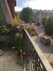 a balcony with flowers and a car on a street at Guest House Pansion 10 in Cetinje