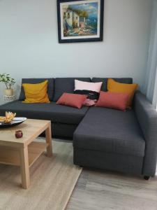a living room with a blue couch with colorful pillows at Cesar Augusto House in Zaragoza