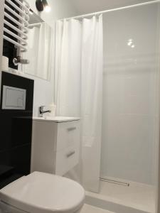 a white bathroom with a shower and a toilet at MALTINA in Malbork +31 photos