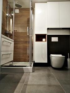 a bathroom with a toilet and a glass shower at CENTRAL PARK Apartment in Zielona Góra