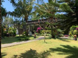 a house with palm trees in front of a yard at D'Mell Bali in Nusa Dua