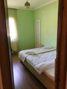 a bedroom with a bed in a room with green walls at Riverside Kazbegi in Stepantsminda