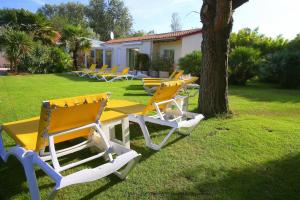 a row of lounge chairs and a tree in a yard at Locatlantique in Aytré