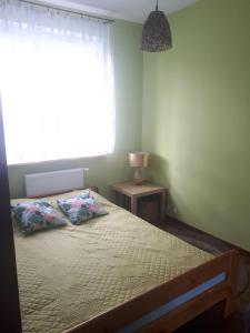 Tempat tidur dalam kamar di Antoniukowska-apartament