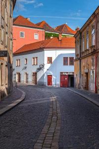 an empty cobblestone street in a town with buildings at Penzion Maxwilliam in Znojmo