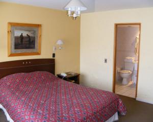 a hotel room with a bed and a bathroom at Hotel Quinchamali in Chillán