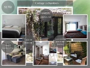 a collage of photos of a bedroom and a living room at Cœur d'Hérault in Péret