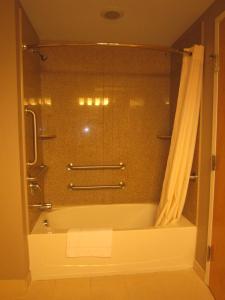 a bathroom with a tub and a shower with a shower curtain at Red Carpet Inn and Suites Monmouth Junction in Monmouth Junction