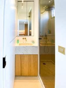 La salle de bains est pourvue d'un lavabo et d'une douche. dans l'établissement Blvd De La Croisette 82A, Cannes, La Réale, à Cannes