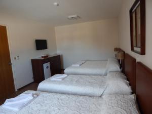 Una habitación de hotel con tres camas y un televisor. en Hotel Timbó, en Piriápolis