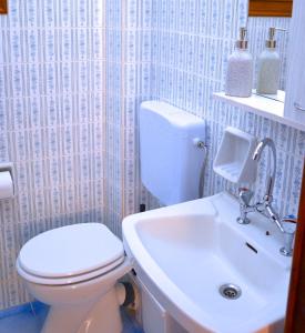 a bathroom with a white toilet and a sink at Kostas' Garden in Roda