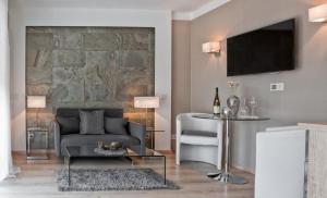 a living room with a couch and a tv at Appart-Hotel REB_ART in Deidesheim