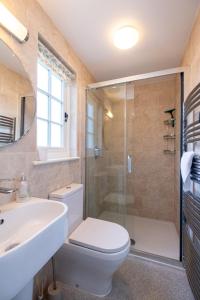 a bathroom with a toilet and a sink and a shower at 5 The Haven in Thorpeness