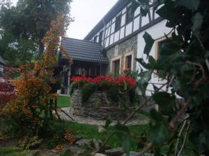 uma casa com flores vermelhas numa caixa de janela em Agroturystyka Łysa Góra em Jelenia Góra