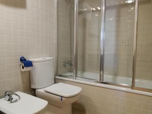 a bathroom with a shower and a toilet and a sink at APARTAMENTO L AÜT in Pla de l'Ermita