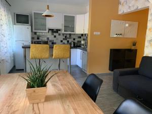 a kitchen and living room with a table and a couch at Csuka48 Apartman in Szarvas